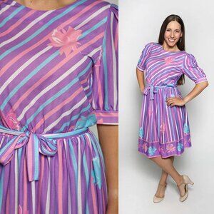 80s Striped Cotton Candy Pink Floral Flower Puff Sleeve Dress Cute 1980s Pastel